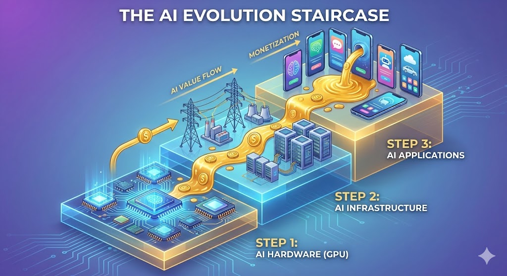 AI 산업 발전 3단계를 표현한 계단식 인포그래픽. (1단계: 반도체 칩 → 2단계: 송전탑/데이터센터 → 3단계: 스마트폰 앱/소프트웨어) 순으로 돈이 흐르는 모습