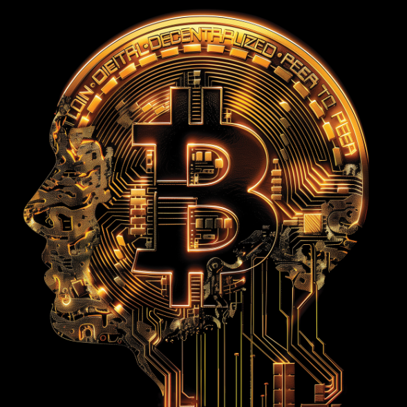 사람의 옆모습을 이룬 금색 전선과 비트코인 마크