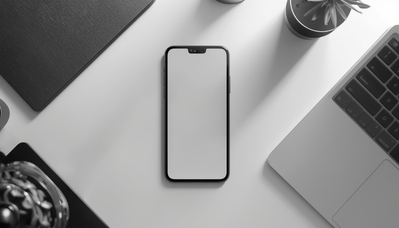 A smartphone set in grayscale mode on a minimalist desk.