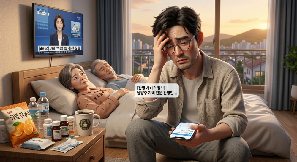 집에서 아픈 부모님을 모시는 상황을 재현한 캐릭터 이미지