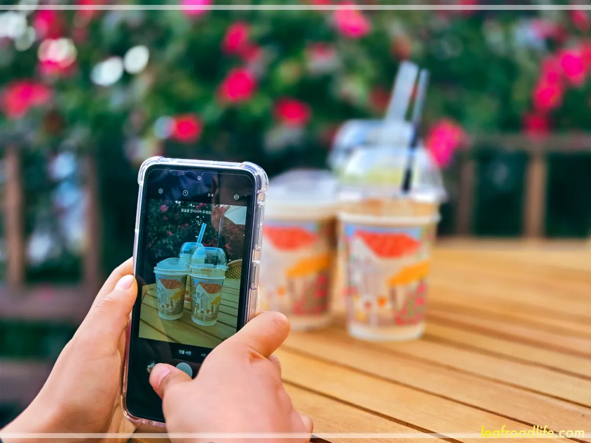 제주-동백포레스트-카페-테이크아웃-음료를-찍는-딸의-핸드폰