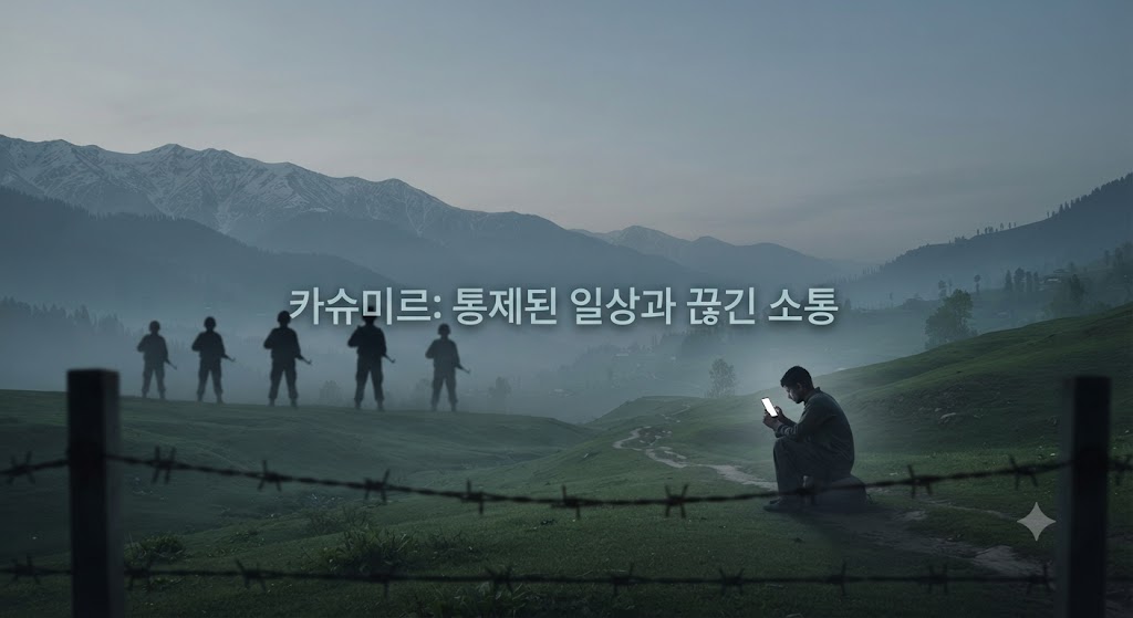 2019년 자치권 폐지 이후 일상이 된 군사적 긴장과 통신 통제를 그렸습니다. 아름다운 카슈미르 계곡을 배경으로 무장한 군인들의 실루엣이 보이고, 주민이 답답한 표정으로 먹통이 된 휴대전화를 바라보고 있습니다. 직접적인 폭력 묘사 없이 억압된 분위기를 전달합니다.