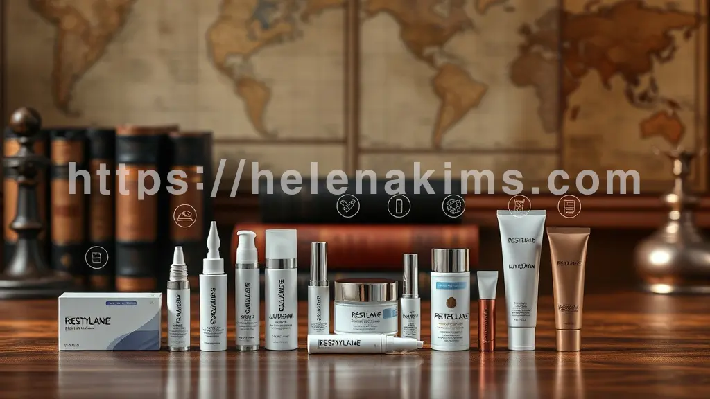 고풍스러운 목재 테이블 위에 다양한 종류의 프리미엄 수입 필러 제품(레스틸렌, 쥬비덤, 퍼펙타 등) 용기들이 정갈하게 놓여 있다.