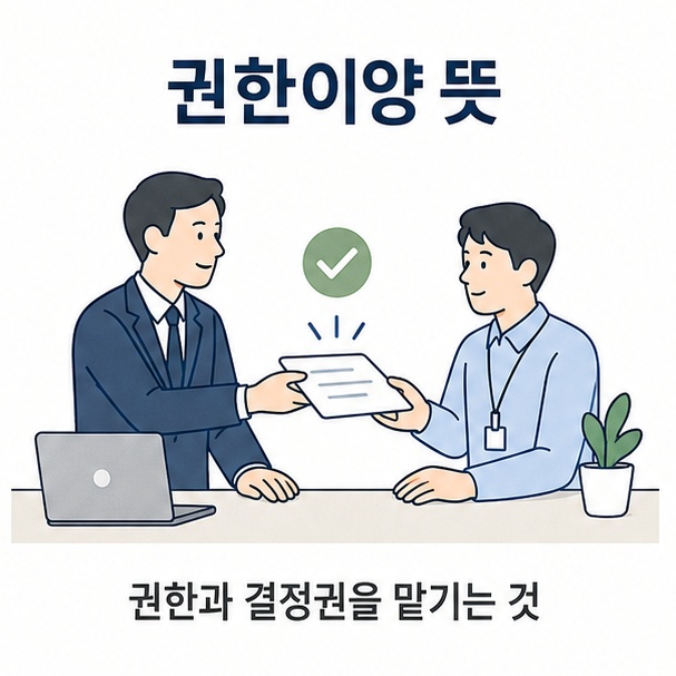 상급자가 하급자에게 업무와 결정 권한을 넘겨주는 모습을 통해 권한이양의 뜻을 표현한 이미지