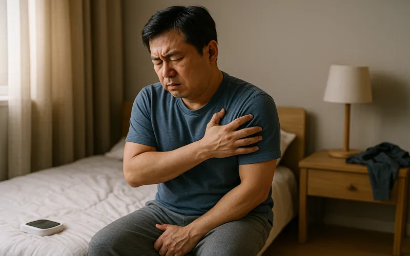 아침에 근육통으로 불편함을 느끼는 40대 남성의 모습