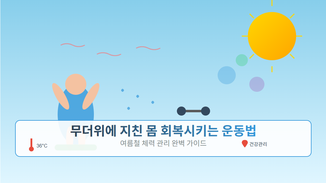 무더위에 지친 몸을 회복시키는 운동법 가이드 - 요가하는 사람과 태양, 운동 도구들이 있는 여름 건강관리 썸네일