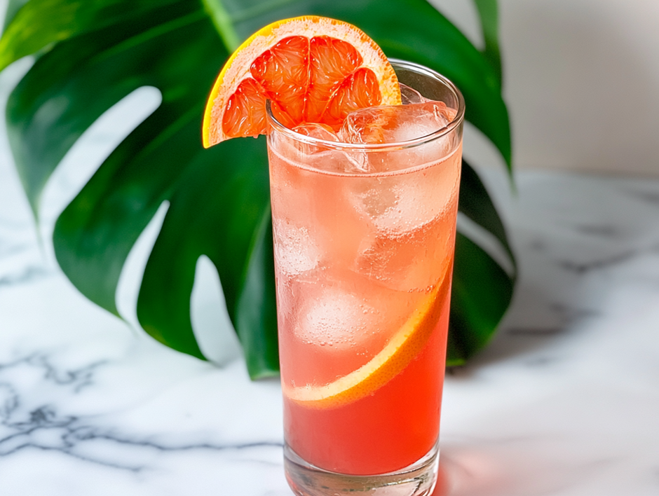 이 사진은 투명한 유리컵에 담긴 붉은색 음료를 보여줍니다. 컵 안에는 얼음이 가득 차 있으며, 음료 표면에는 자몽 조각이 장식되어 있습니다. 컵 안에도 얇게 썬 자몽 조각이 떠 있어 상큼한 느낌을 줍니다. 배경에는 녹색 몬스테라 잎이 있어 자연스럽고 신선한 분위기를 연출하고 있습니다. 이 이미지는 제로칼로리 음료 또는 과일을 활용한 건강한 음료를 강조하는 장면으로 보입니다.