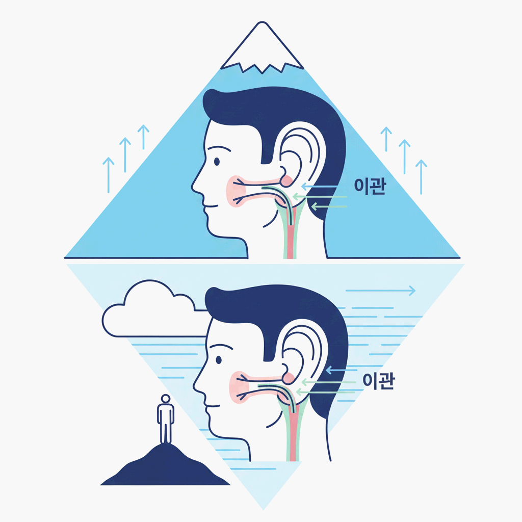 고산지대 기압변화에 따라 귀가 먹먹한 현상을 표현한 일러스트레이션