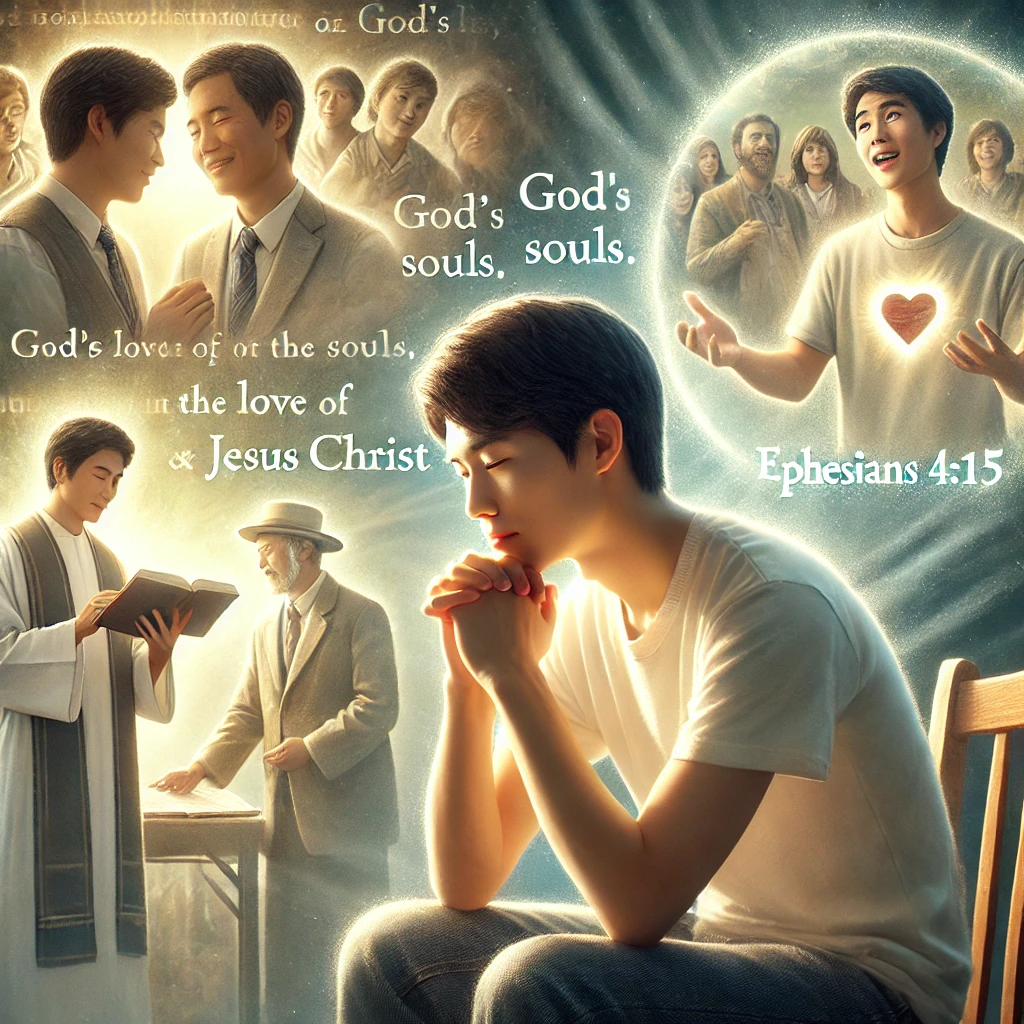 Here is the depiction of an Asian man meditating on Ephesians 4:15, reflecting on God's love through Jesus Christ, with a prayerful heart and a focus on evangelism. The scene conveys his quiet meditation and his dedication to spreading the gospel.