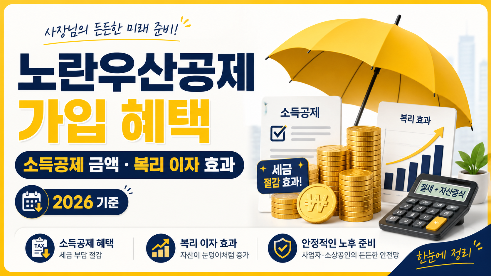 노란우산공제 가입 혜택과 공제계약대출 한도, 대출이율, 중간정산 기준을 설명하는 금융 정보 썸네일