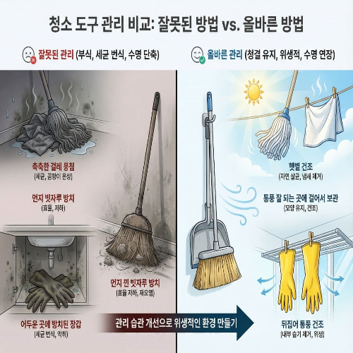 주방 청소 도구 관리, 빗자루·걸레·장갑 위생적으로 사용하는 법