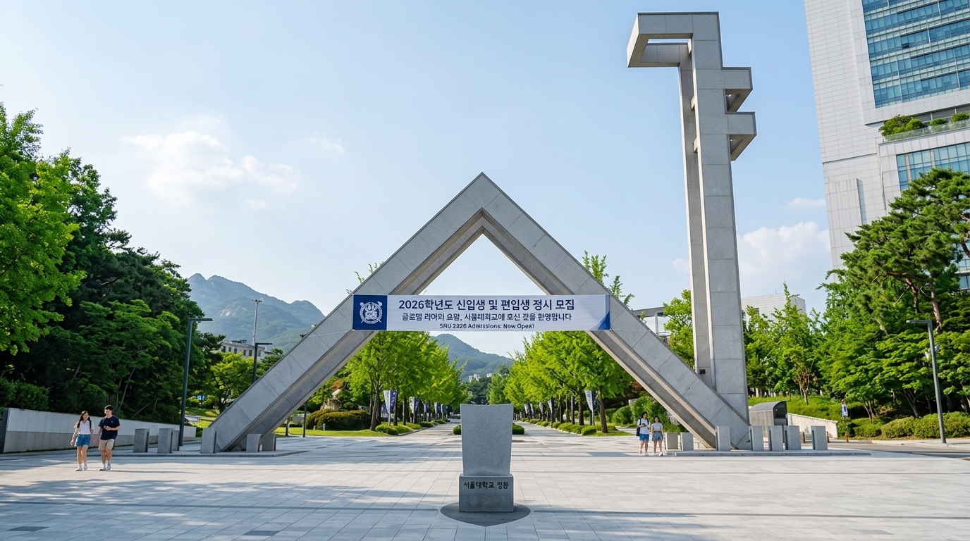 대학교 교정에 2026년 2학기 국가장학금 신청을 안내하는 현수막이 걸려 있습니다.