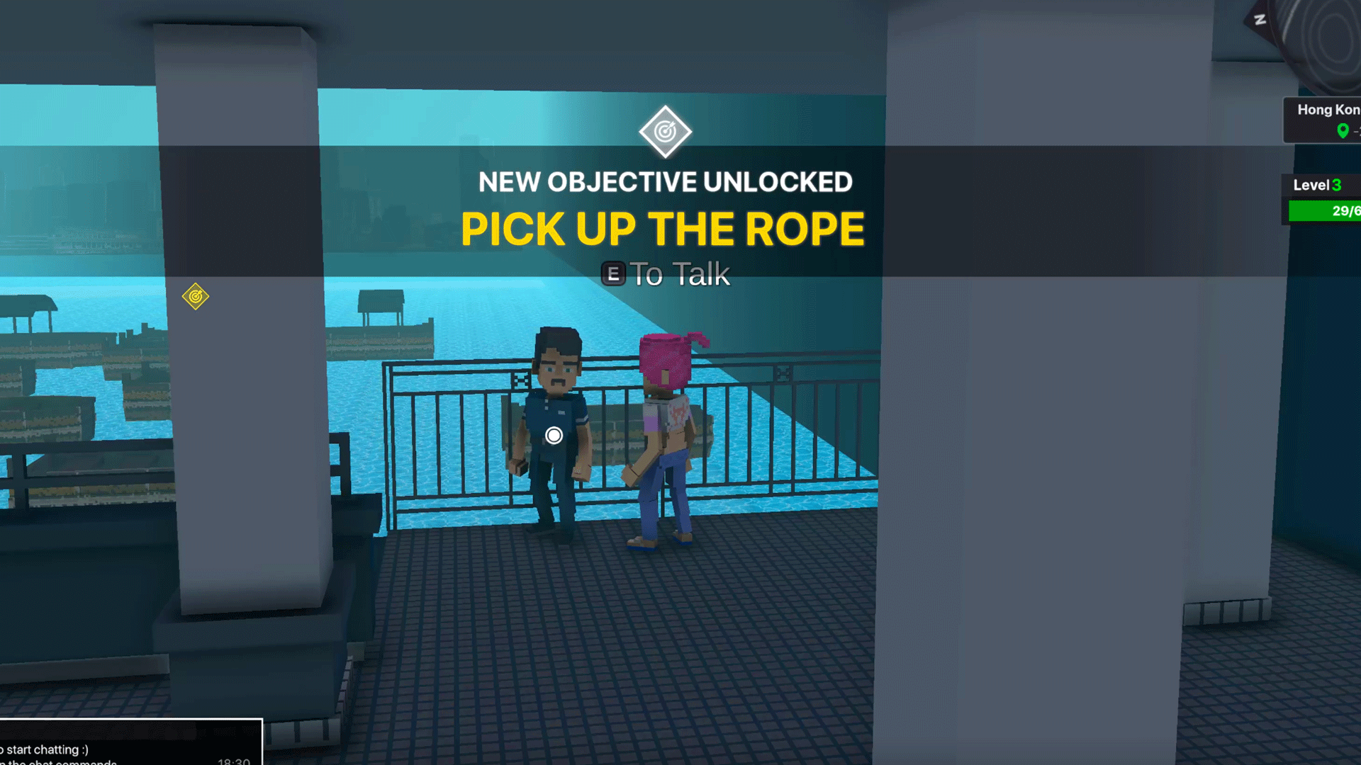 선착장에 서 있는 남자와 이야기 하고있다.