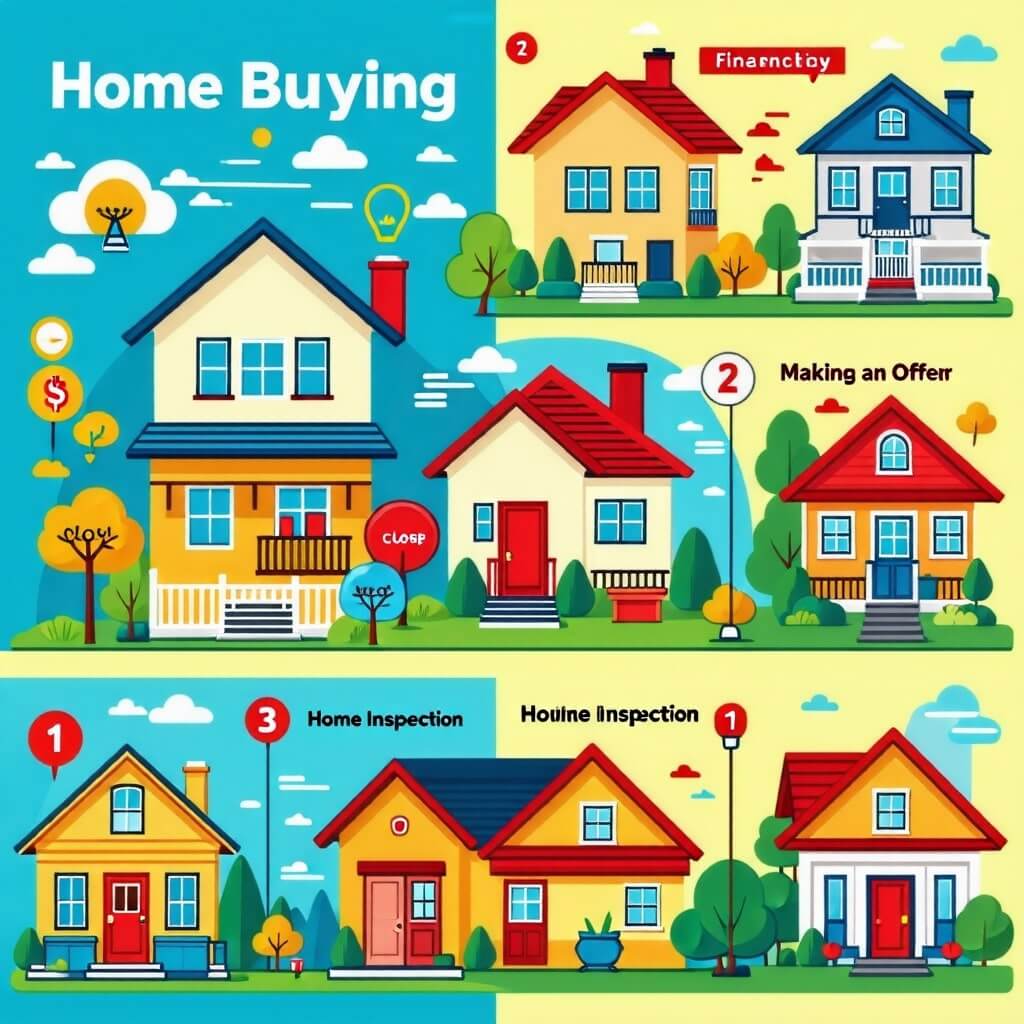 주택 구매 과정을 단계별로 나타낸 인포그래픽. 각 단계에 아이콘과 설명이 포함되어 있음.