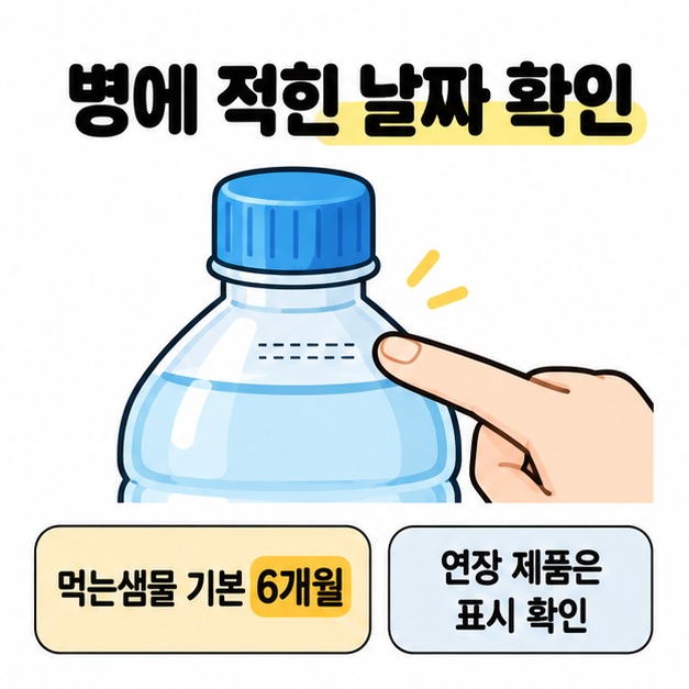 손가락으로 생수병의 날짜 표시 부분을 가리키며 먹는샘물 기본 6개월과 연장 제품의 표시 확인을 안내하는 그림