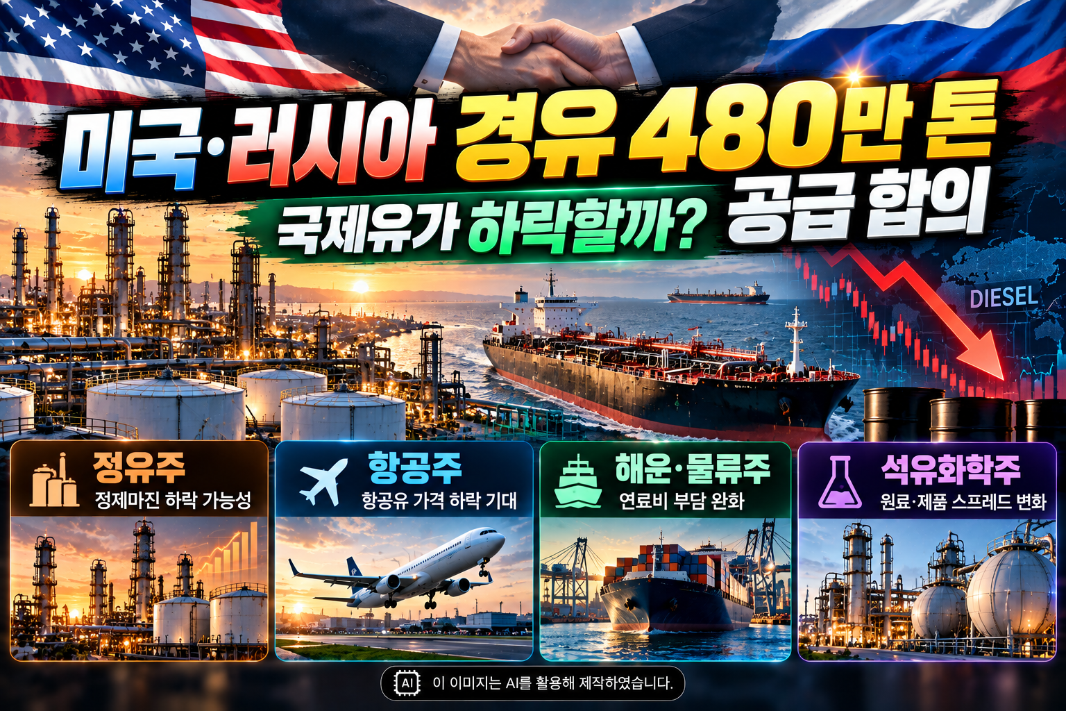 미국과 러시아의 경유 최대 480만 톤 공급 합의에 따른 국제유가 및 경유 가격 하락 가능성과 국내 정유주·항공주·해운·물류주·석유화학 관련주에 미칠 영향을 정유시설, 유조선, 하락 차트로 표현한 이미지