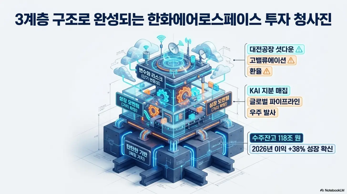 한화에어로스페이스 주가 전망을 탄탄한 기반, 성장 모멘텀, 단기 리스크 세 개 층으로 나눠 정리한 종합 인포그래픽. 수주잔고 118조 원과 2026년 이익 38% 성장, KAI 지분 매집과 우주 발사, 대전공장 셧다운과 환율 변수를 보여주며, 한화에어로스페이스 투자 구조 종합을 설명함