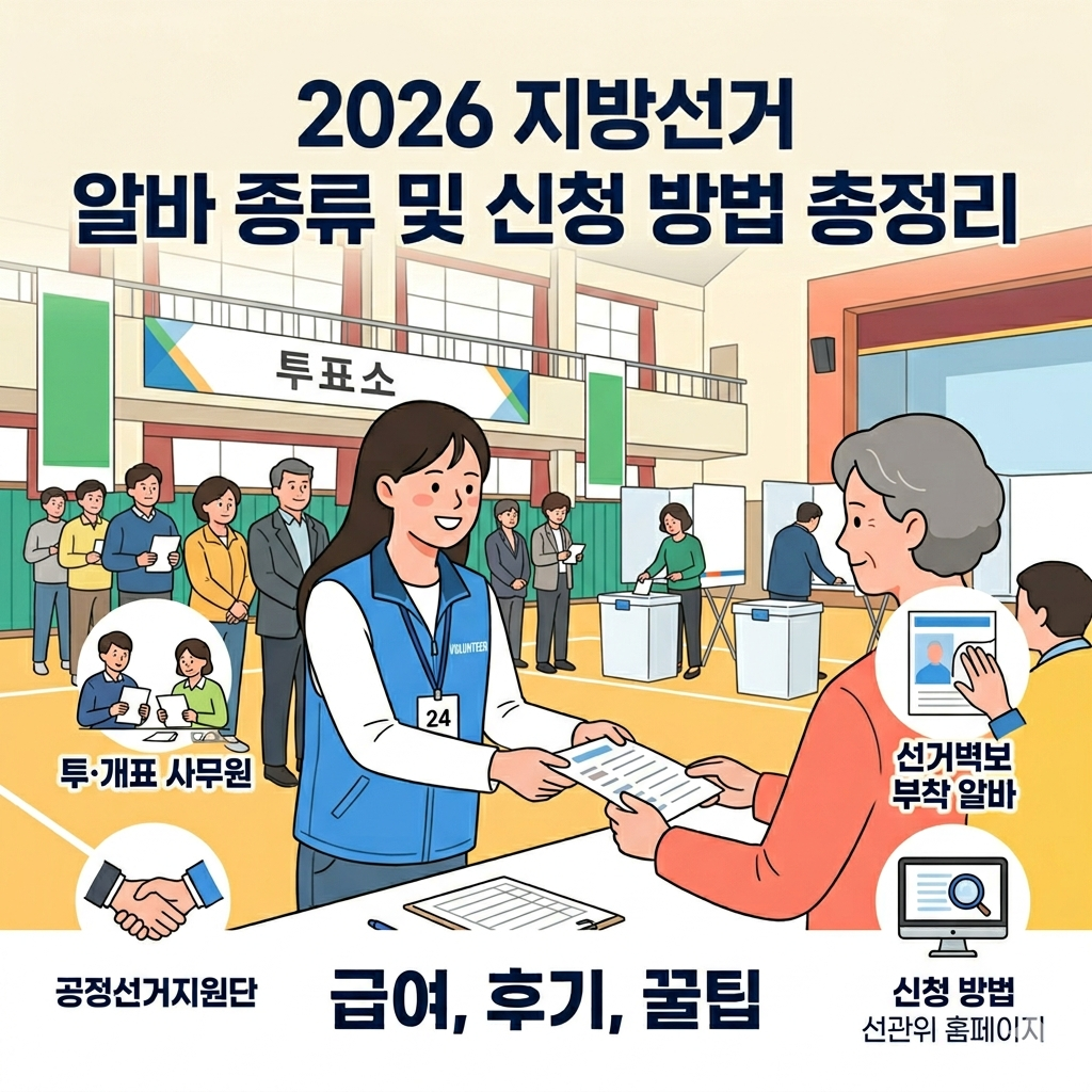 깔끔한 일러스트 스타일의 2026년 제9회 전국동시지방선거 알바 모집 안내 썸네일. 상단에 '2026 지방선거 알바 종류 및 신청 방법 총정리'라는 한글 제목이 크게 적혀 있고, 하단에 '급여, 후기, 꿀팁' 문구가 있다. 중앙에는 선거 사무원이 투표자에게 투표용지를 건네는 모습이 그려져 있으며, '투·개표 사무원', '공정선거지원단', '선거벽보 부착 알바', '신청 방법' 아이콘과 설명이 함께 배치되어 있다.