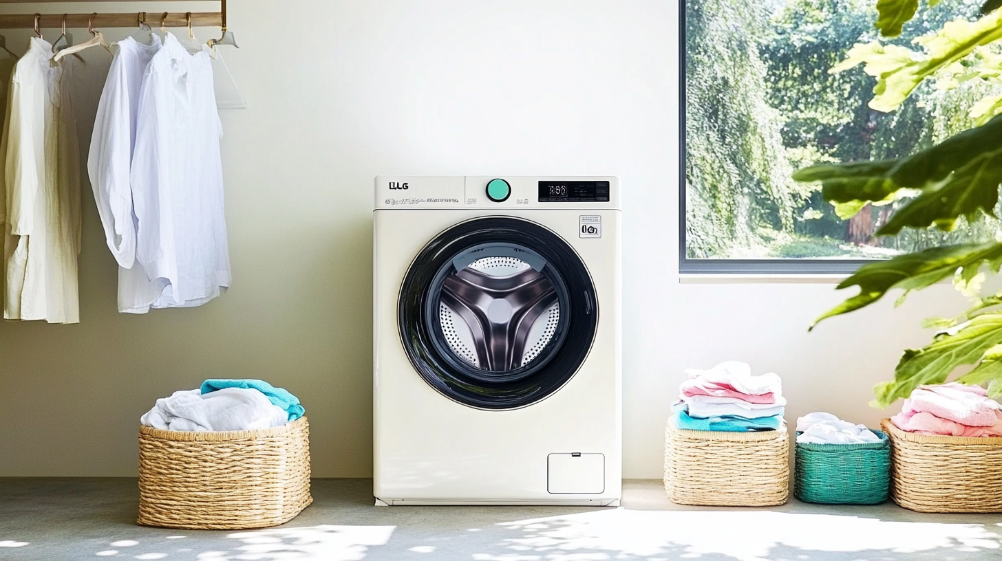 햇살이 비치는 현대적인 세탁실에서 LG 트롬 오브제컬렉션 세탁기가 돋보이며, 세련된 바구니에 정돈된 세탁물이 있는 모습