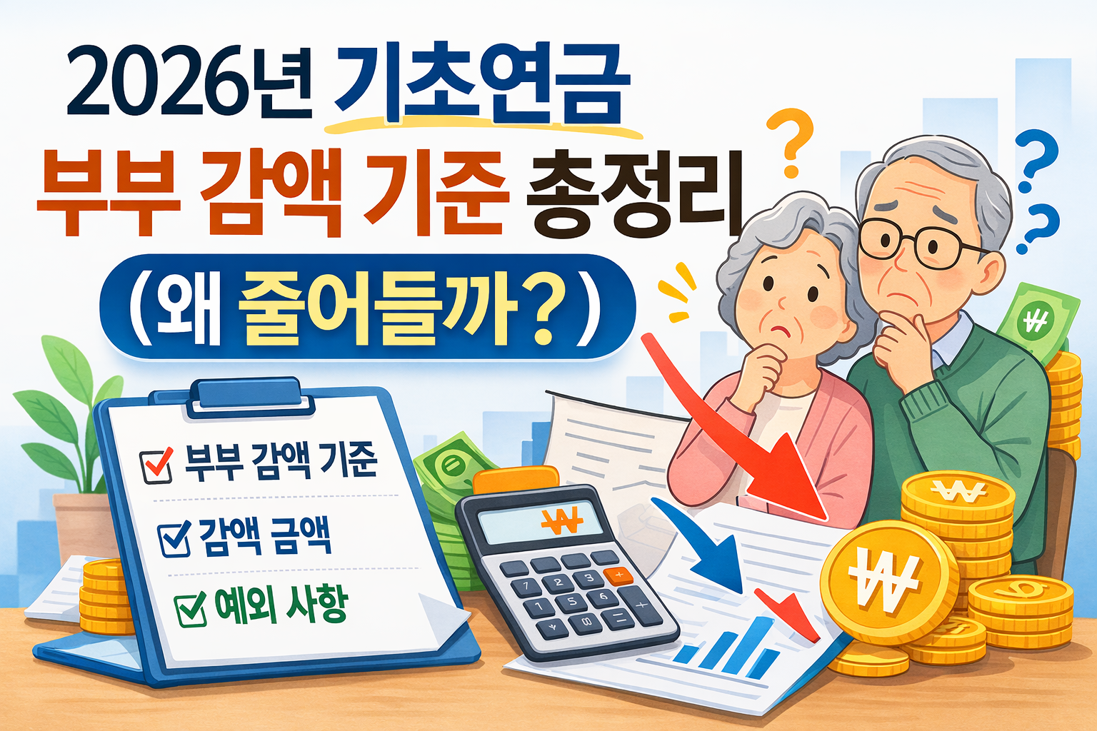 2026년 기초연금 부부 감액 기준과 감액 이유를 설명한 인포그래픽 이미지