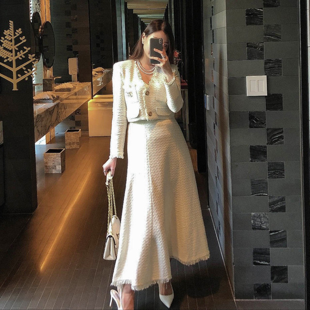 고급 하객 크롭 자켓 롱스커트 트위드 투피스 세트