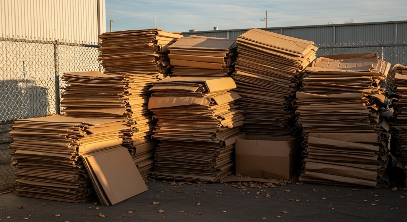 야외에 평평하게 쌓인 골판지 박스 더미