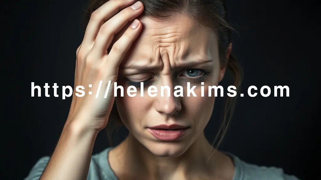 어두운 배경, 불안하고 혼란스러운 표정의 여성. 한쪽 시야가 흐릿하고, 이마를 짚고 고통스러워하는 모습.