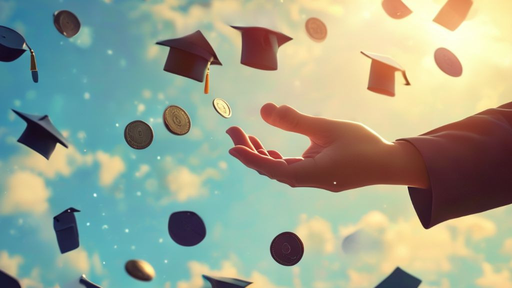 졸업 모자와 동전이 하늘 위로 던져지는 장면