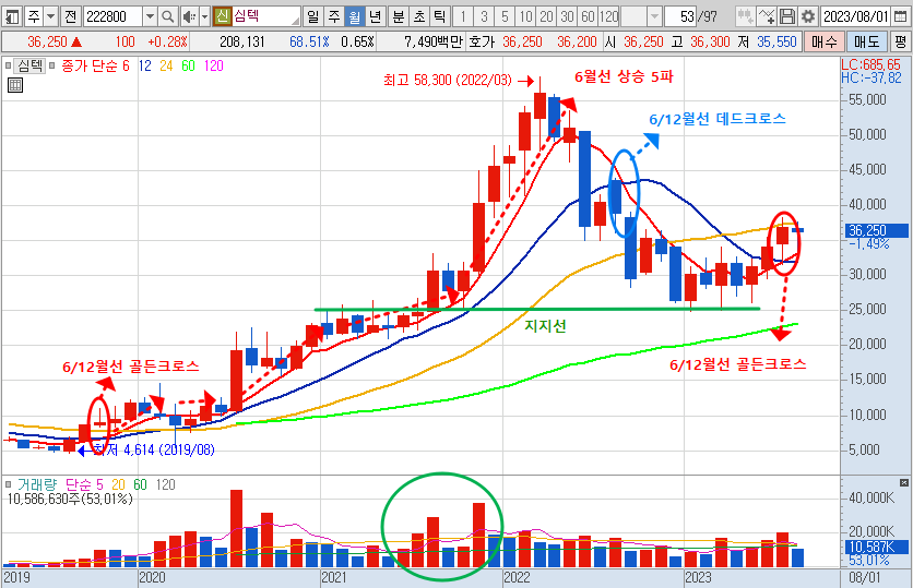 심텍 주가 월봉 차트 분석 (2023.8.31)
