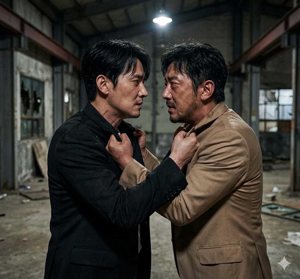 납치극이 실패로 돌아가고 서로를 의심하며 멱살을 잡고 핏대를 세우는 수종과 활성의 살벌한 대립 장면 스틸컷