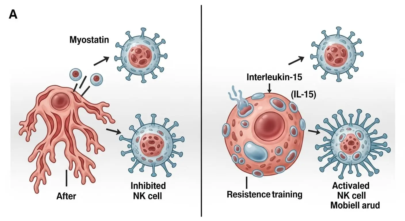 고강도 근력 운동이 마이오스타틴을 줄이고 NK세포 활성을 높이는 과정을 시각화한 이미지.