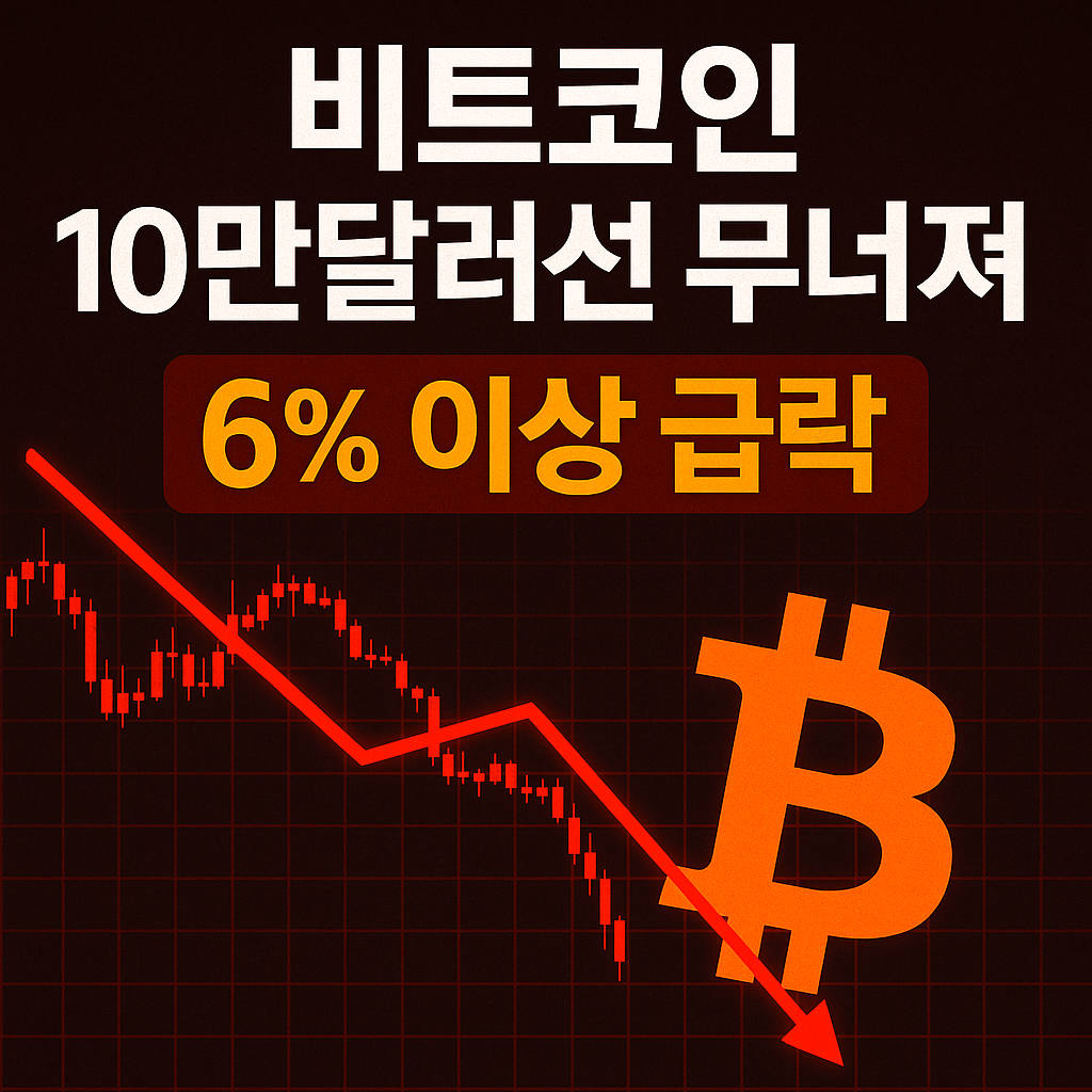 “비트코인 10만달러선 무너진 급락 차트와 폭락 경고 텍스트 중심 썸네일 이미지”