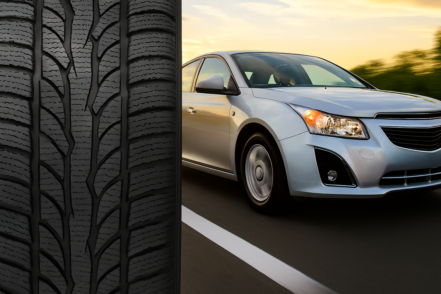 사계절 타이어의 트레드 패턴과 도로 주행 모습의 이미지