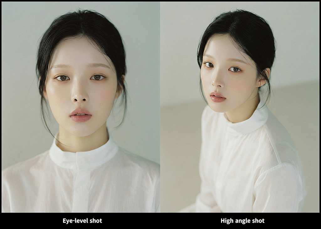 Eye-level과 High Angle에서 인물 일관성을 비교한 카메라 앵글 변주 이미지_Nano Banana