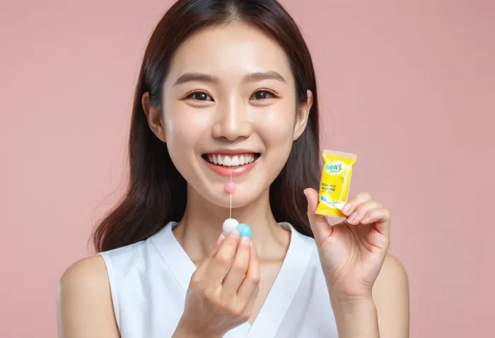 잇몸 염증 치료약을 손에 들고 미소 짓는 모습