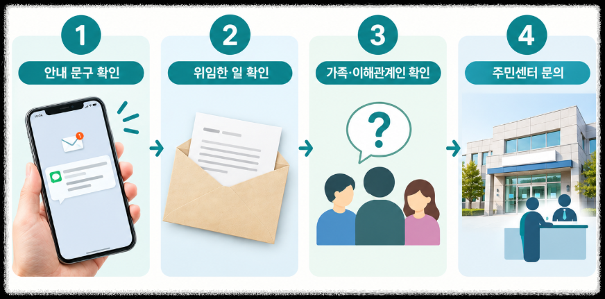 등본 발급 통보 문자를 받았을 때 안내 문구, 위임 여부, 가족·이해관계인, 주민센터 문의 순으로 확인하는 흐름