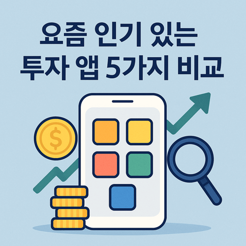 요즘 인기 있는 투자 앱 5가지를 비교한 썸네일 이미지로, 스마트폰 화면 속 다양한 컬러 앱 아이콘과 확대경, 금화 아이콘이 포함되어 투자 분석과 비교를 시각적으로 표현한 이미지