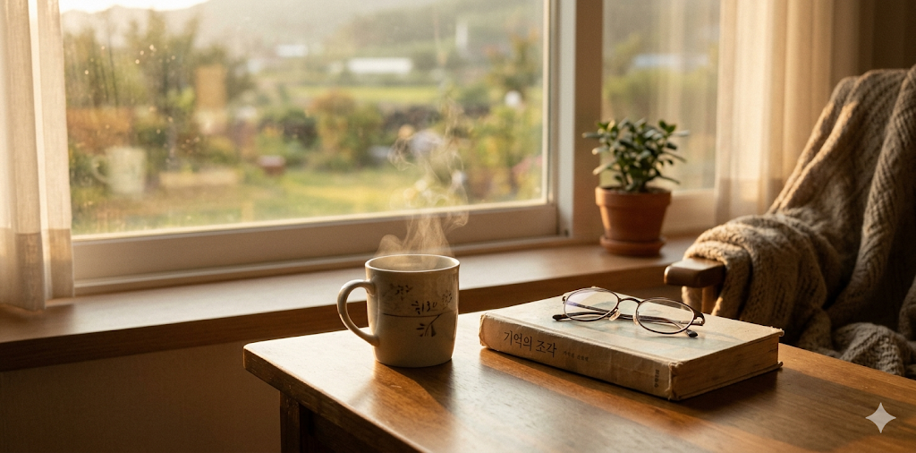 가에 놓인 따뜻한 커피 한 잔과 낡은 고전 소설책, 그리고 그 위로 쏟아지는 아침 햇살
