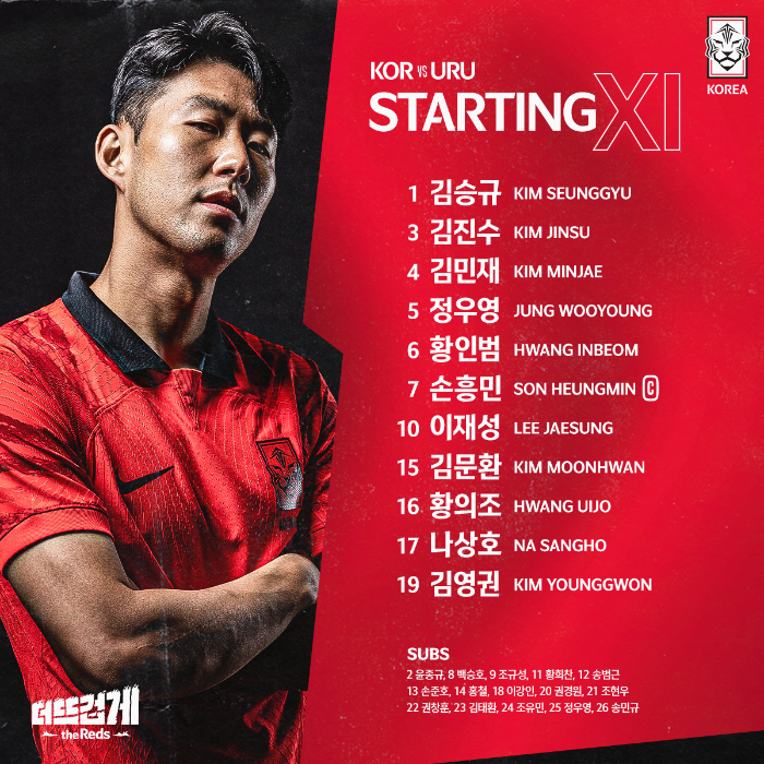 카타르 월드컵 한국-우르과이전 한국 축구대표팀 선발 선수명단