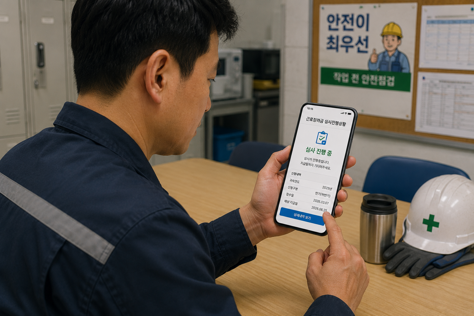 공장 휴게실에서 근로자가 휴대전화로 심사 결과를 조회하는 장면