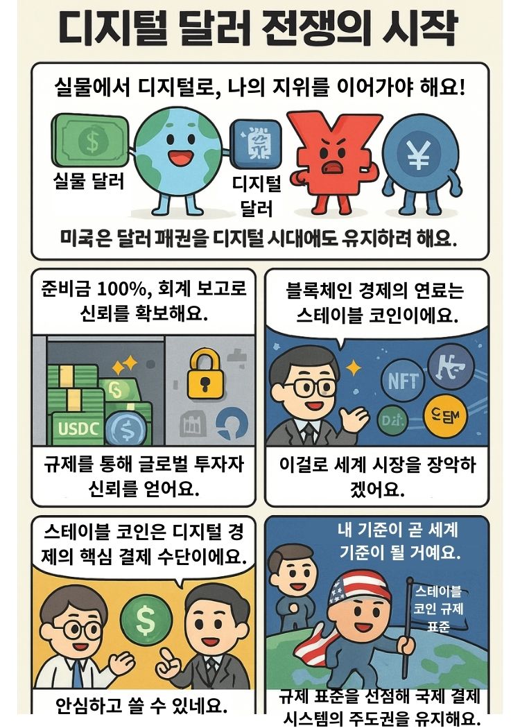 미국은 달러패권을 디지털 시대에도 유지하려는 내용에 대한 4컷 만화.