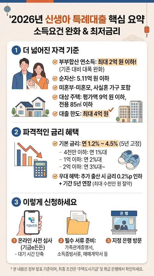 2026년 신생아 특례대출 핵심내용 요약 일러스트 이미지