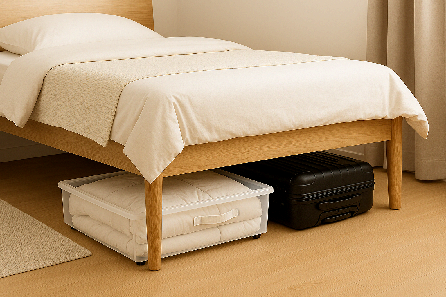 원룸 침대 밑에 바퀴형 수납 박스가 들어가 계절 이불과 캐리어가 정리된 모습