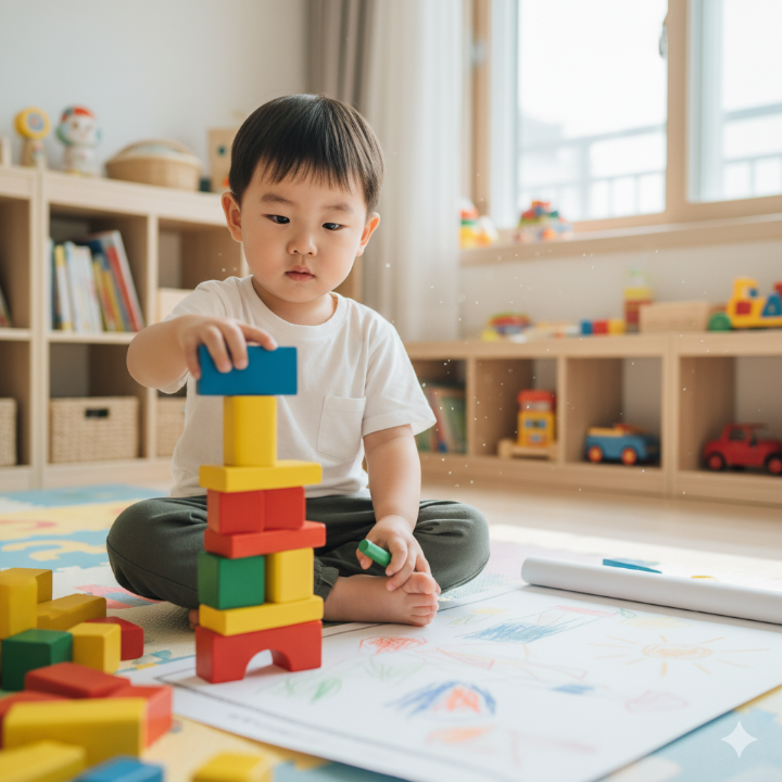 아이가 스스로 블록을 쌓거나 그림을 그리며 몰두하는 모습