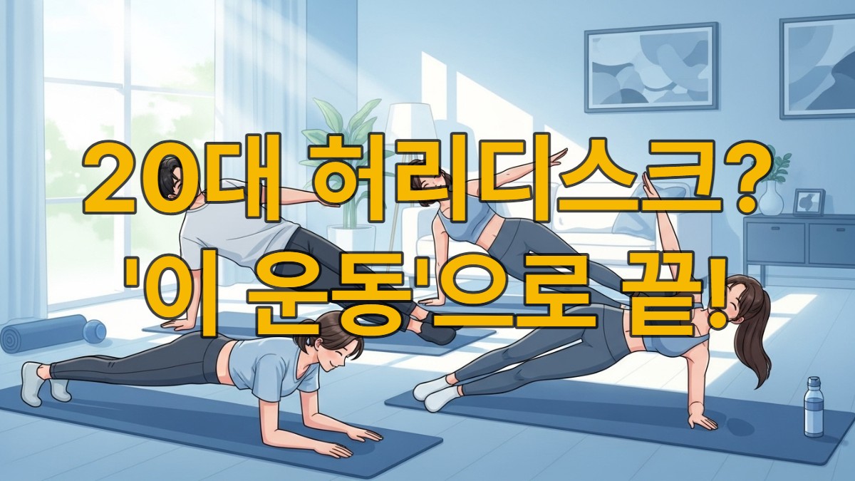 밝은 공간에서 20대 남녀가 플랭크, 브릿지 등 코어 운동을 하며 활기찬 허리 건강을 지키는 모습