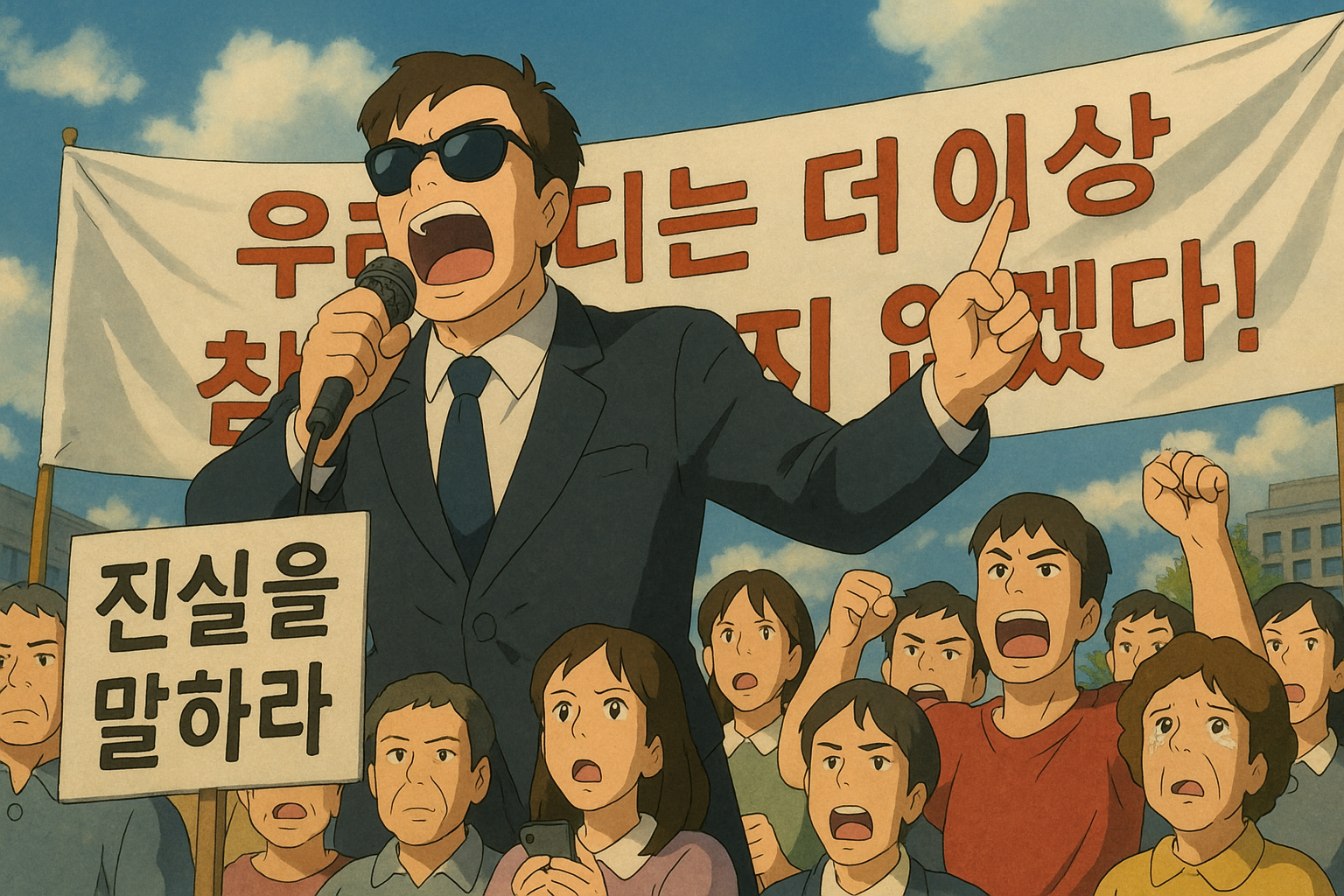 선글라스를 낀 민승재가 광장에서 군중을 향해 연설하고 있는 모습