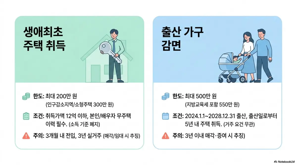 부동산 취득세: 생애최초 주택 취득세 감면 최대 200만 원과 출산 가구 감면 최대 500만 원의 조건을 나란히 비교 정리한 인포그래픽 이미지. 이 이미지는 감면 한도와 전입 요건 및 추징 조건 등 핵심 사항을 시각적으로 전달하며 블로그의 취득세 감면 제도와 관련된 내용을 설명함