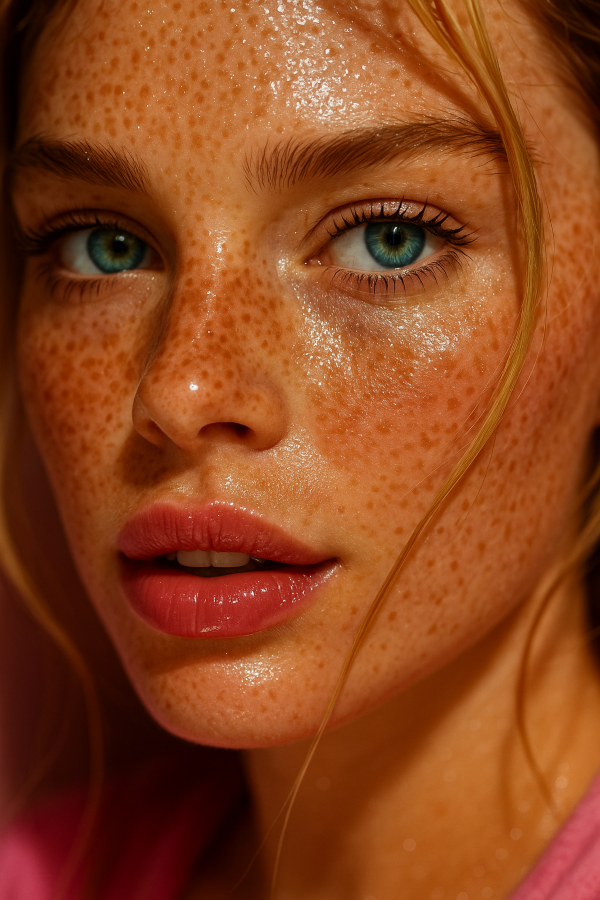 "햇볕에 노출된 피부의 유분기와 주근깨 &ndash; 여름철 피지 산화와 피부 톤 변화의 시각적 예시"