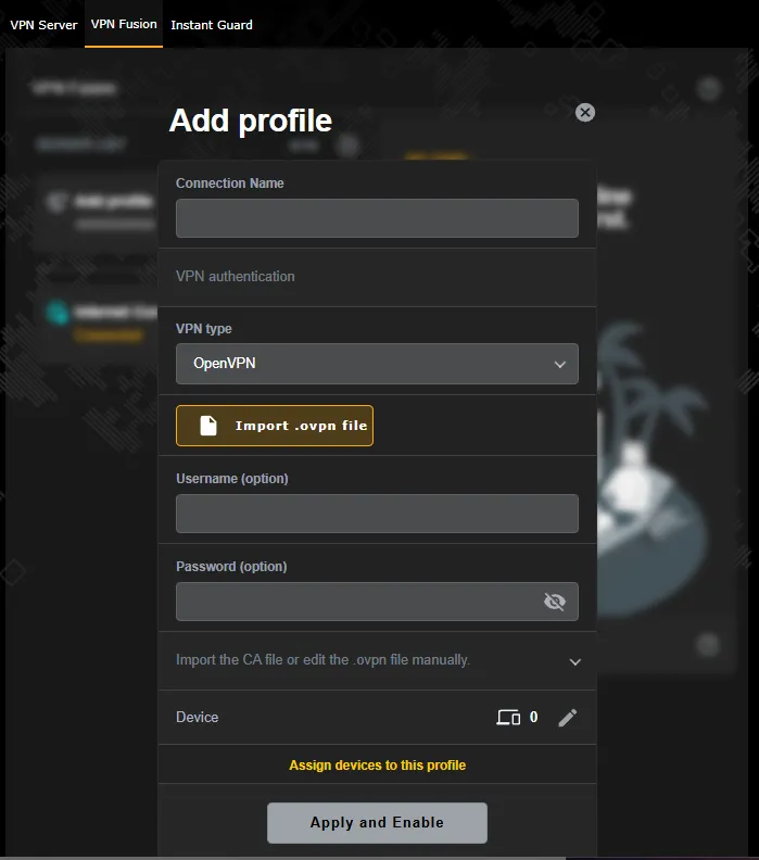 지역 제한 해외 넷플릭스 Asus VPN Fusion 라우터 VPN Fusion Add profile VPN type OpenVPN