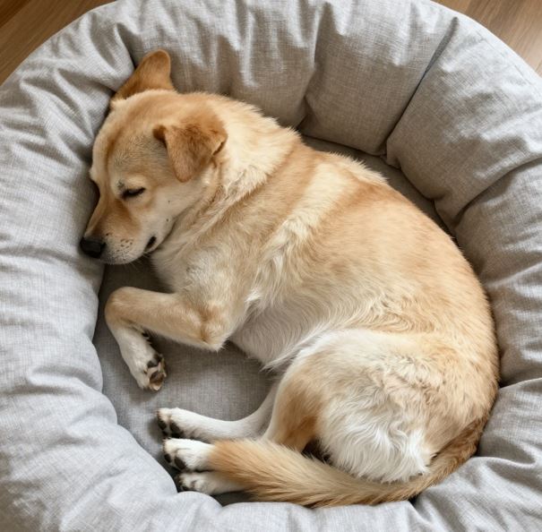임신한 개가 개전용 방석에 누워서 자고 있다